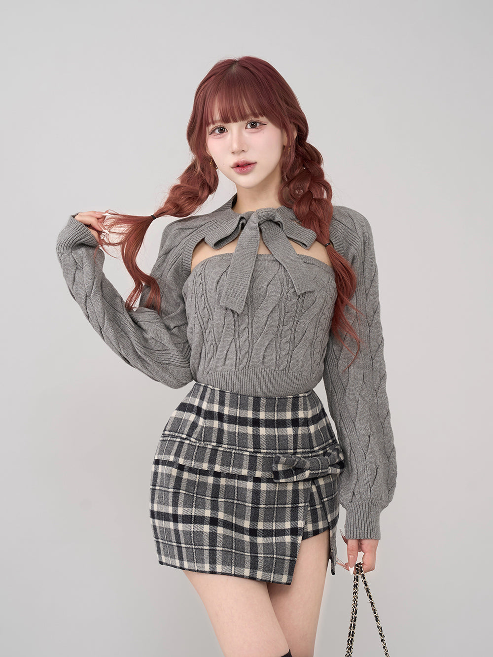 ケーブルアンサンブルニットトップス - gry