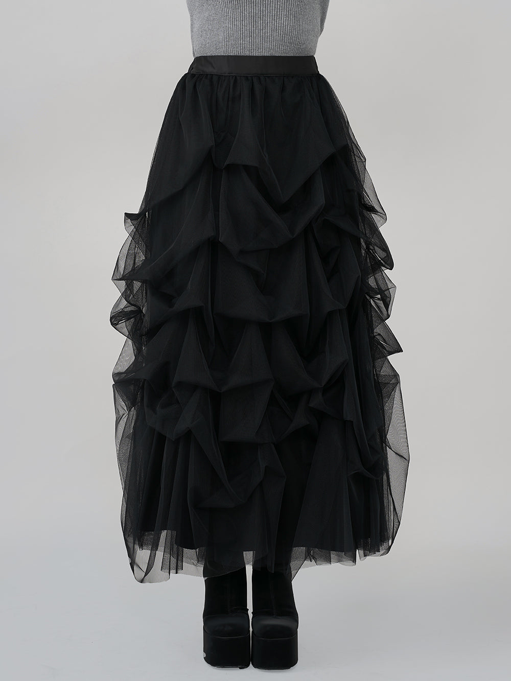 ランダムタックチュールロングスカート - blk