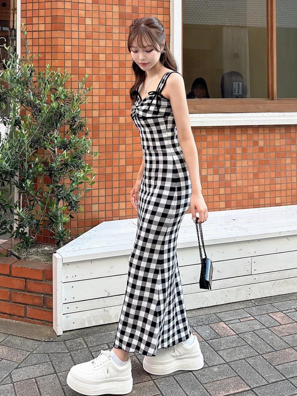 【予約商品】ギンガムジャガードニットロングワンピース
