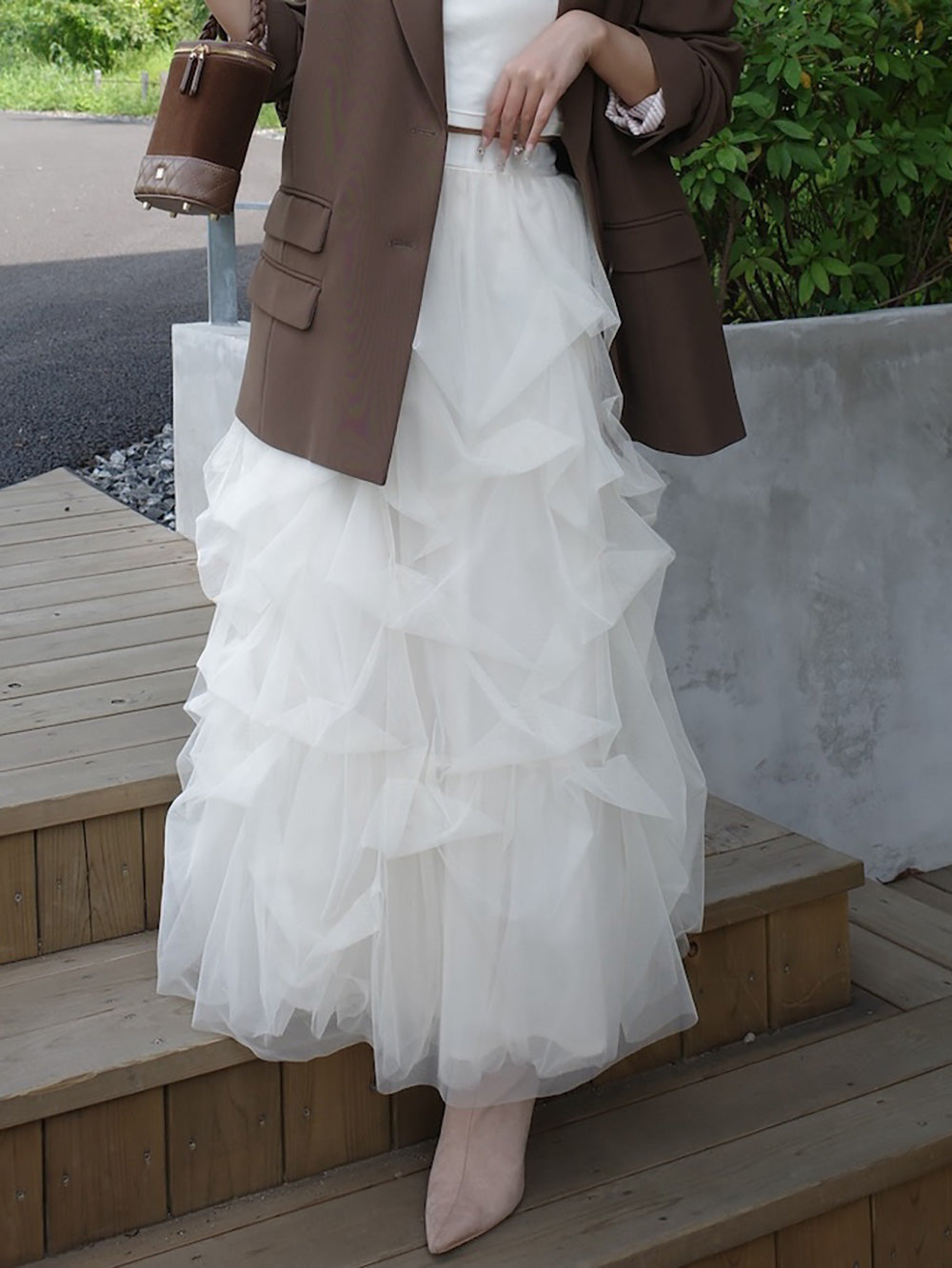 ランダムタックチュールロングスカート