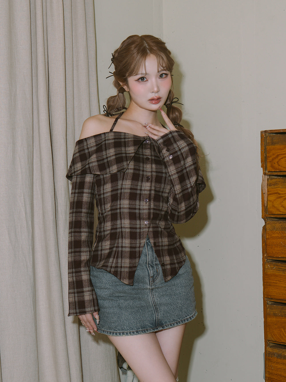 ホルターオフショルチェックシャツ