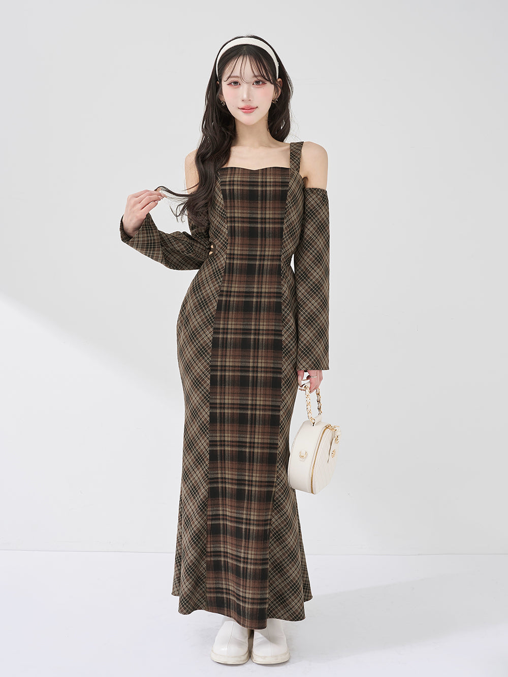 バックオープンチェックマーメイドロングワンピース - brn