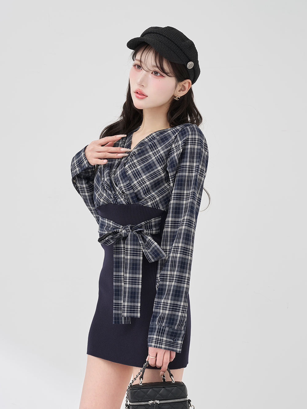 カシュクールチェックタイトニットミニワンピース - nvy