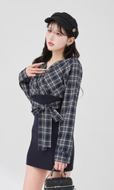 カシュクールチェックタイトニットミニワンピース – Darich