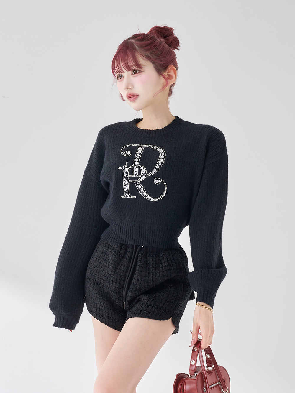 DRビジューボリュームリブニットトップス - blk