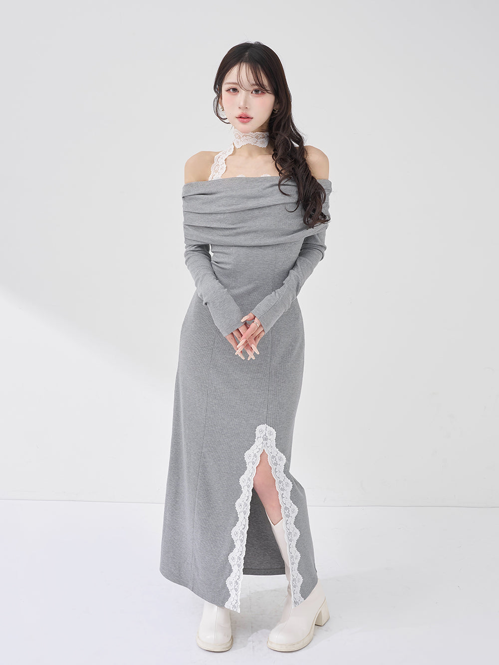 レースドッキングオフショルスリットロングワンピース – Darich
