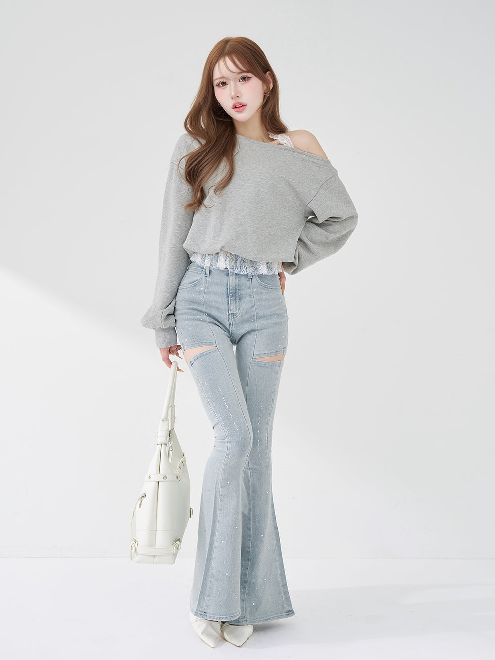 ホルターレースワンショルスウェットトップス