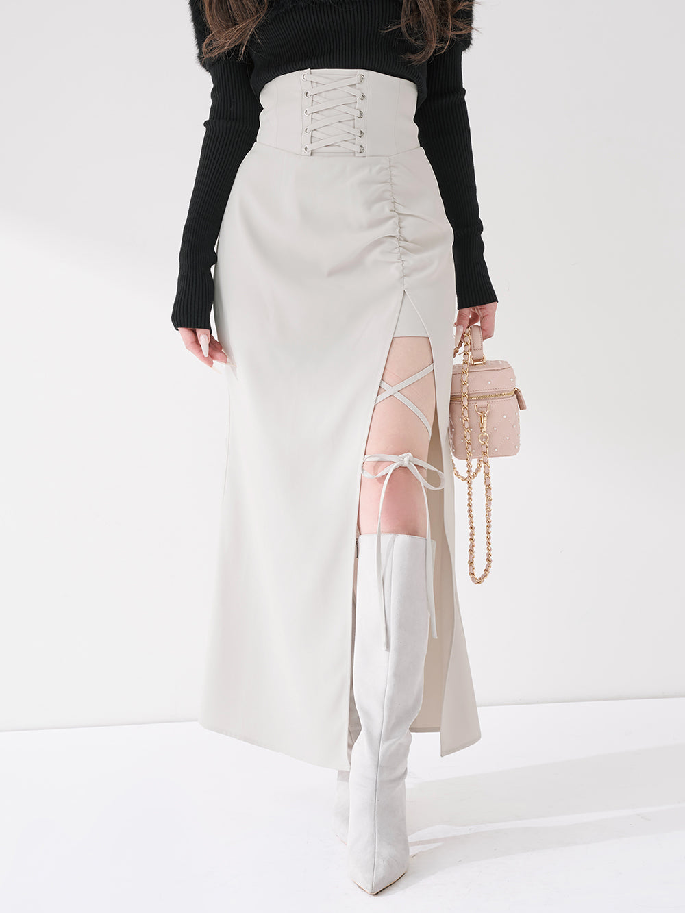 スリットコルセットロングスカート - wht