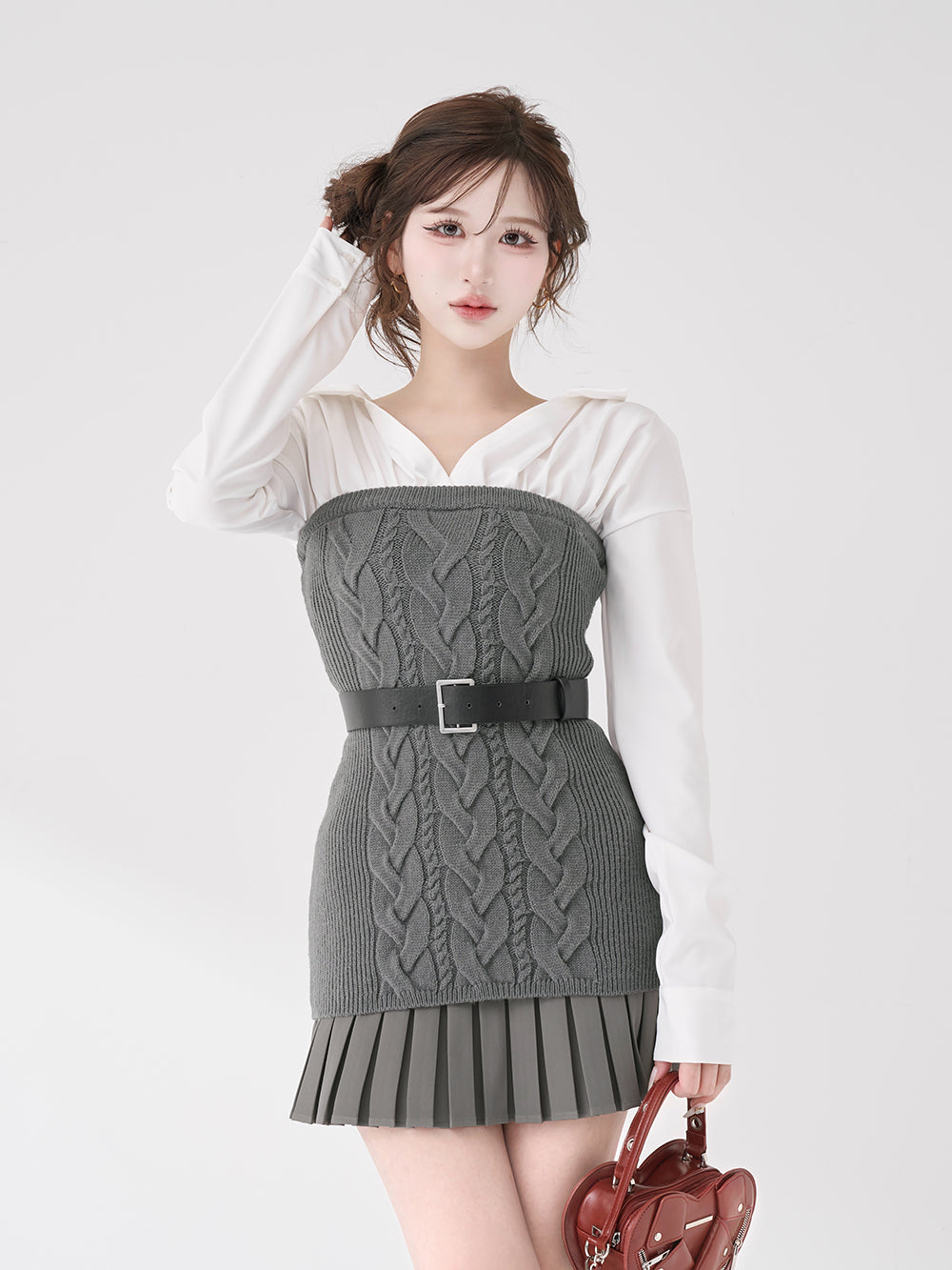 シャツドッキングプリーツニットミニワンピース - gry