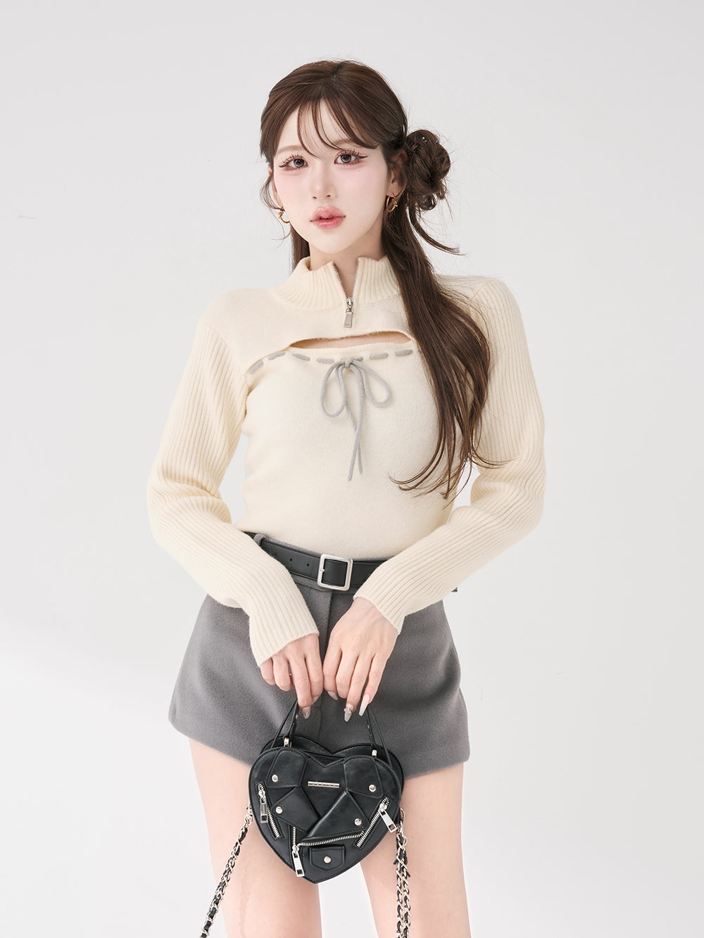 ステッチリボンオープンニットトップス - ivo