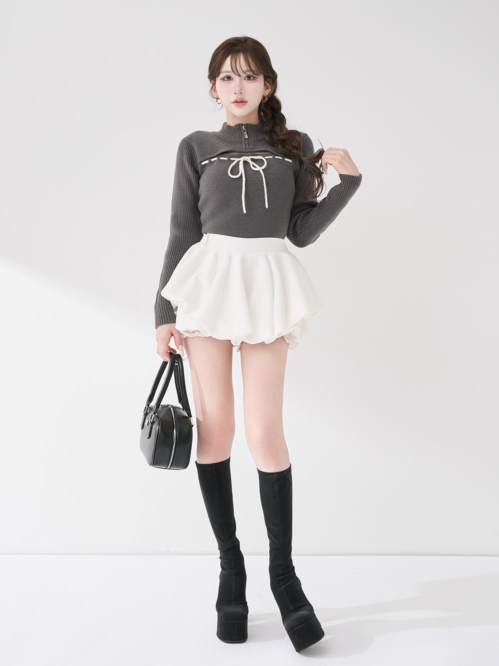 darich ダーリッチ ステッチリボンオープンニットトップス グレー ステッチリボンオープンニットトップス – Darich
