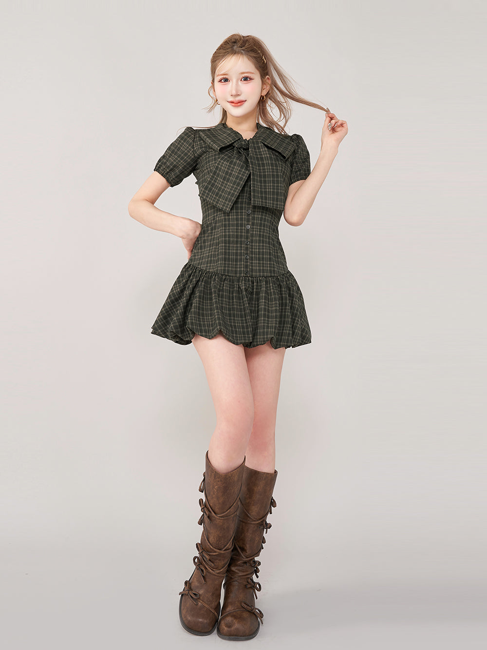 Darich ビッグリボンバルーンチェックミニワンピース BEG FL ビッグリボンバルーンチェックミニワンピース – Darich
