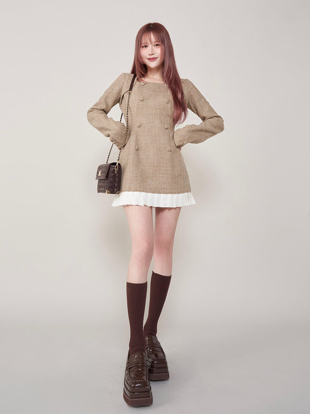 プリーツドッキングツイードミニワンピース
