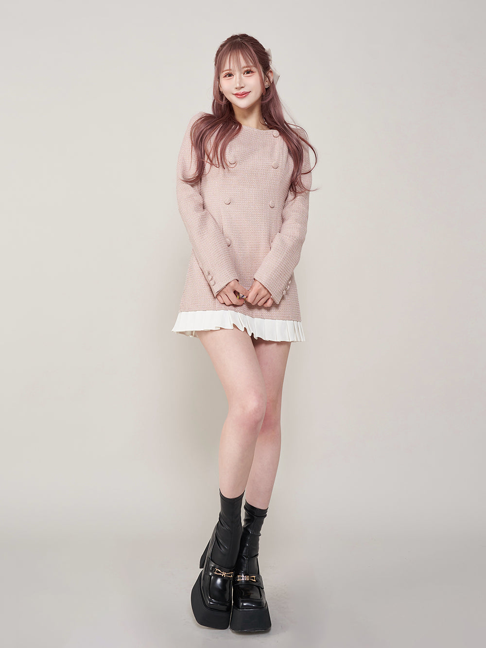 プリーツドッキングツイードミニワンピース