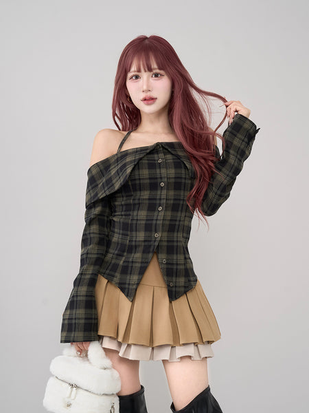 Halter Off-Shoulder Plaid Shirt