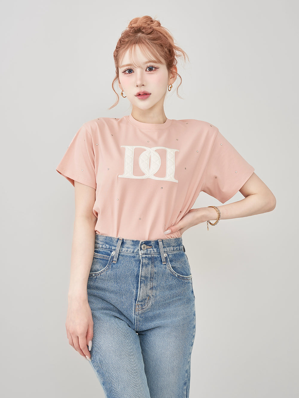 キルティングアップリケビジューTシャツ - pnk