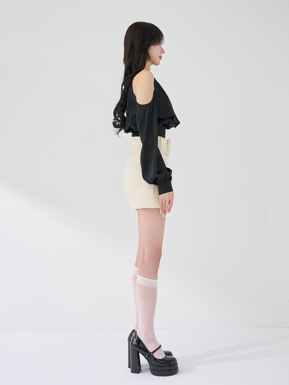 シェイプラインベルトツイードミニスカート