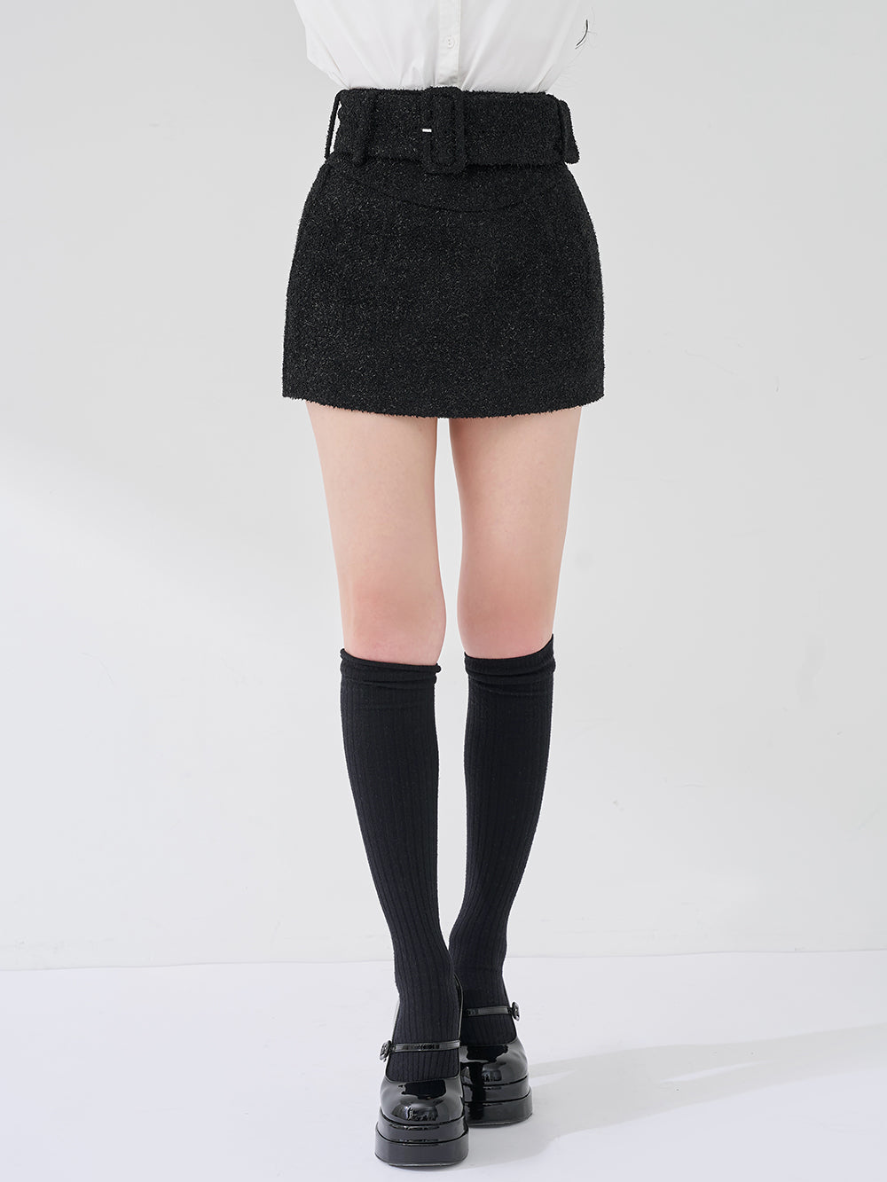 シェイプラインベルトツイードミニスカート - blk