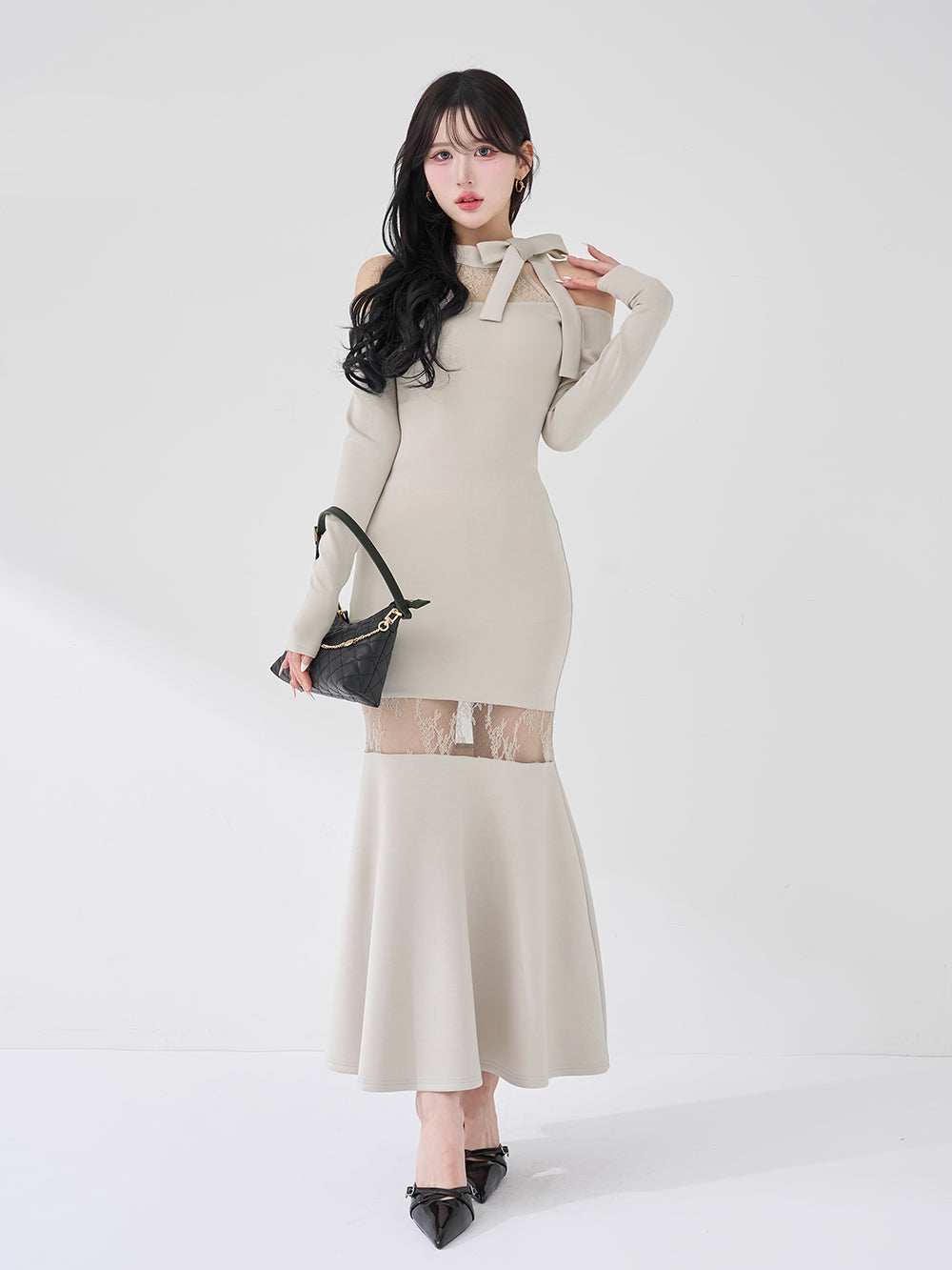 ポイントレースカットロングワンピース - gry