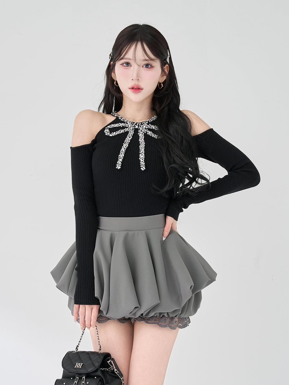 リボンビジューアメスリニットトップス - blk