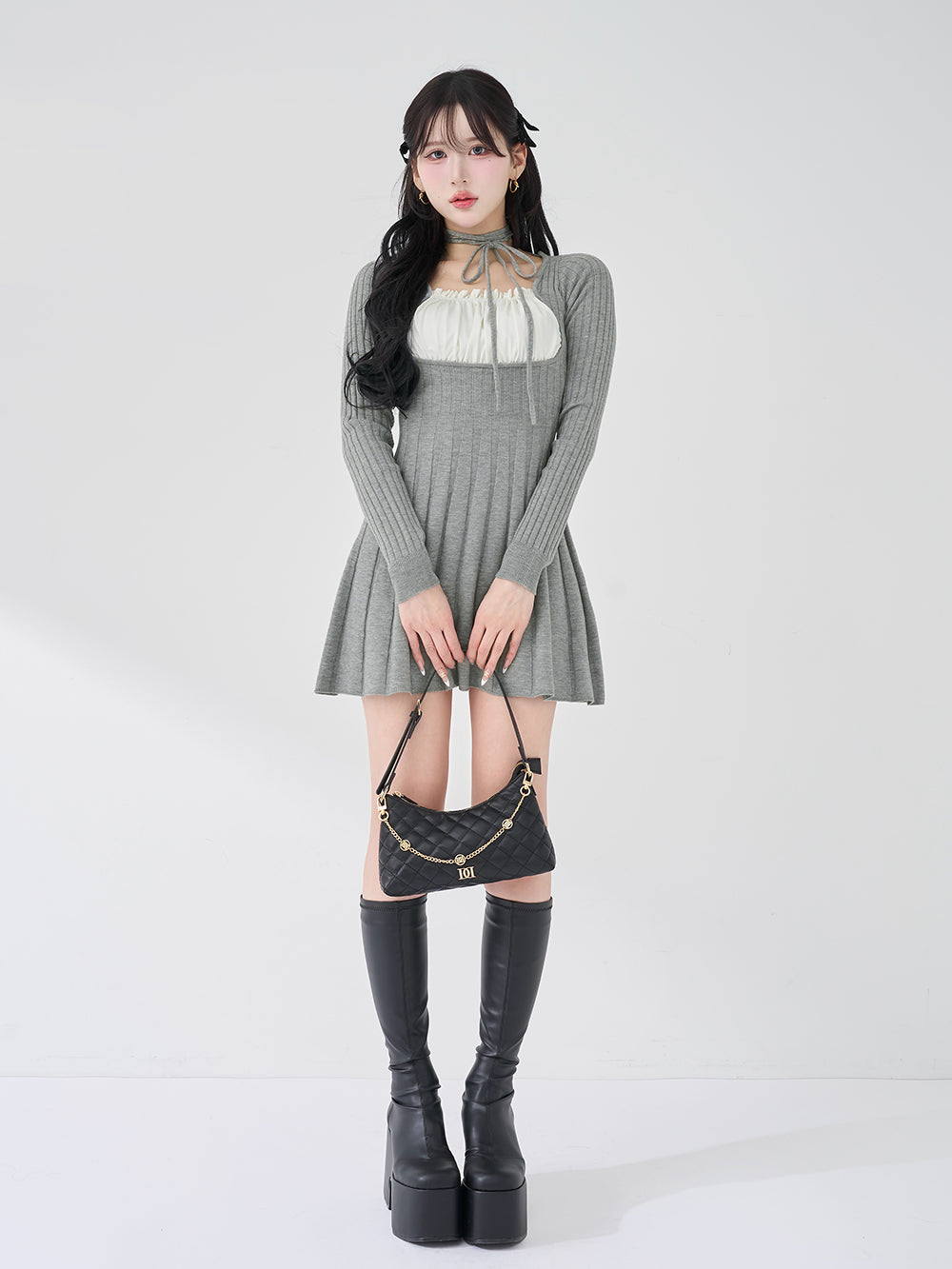 ネックリボンデザインフレアニットミニワンピース – Darich