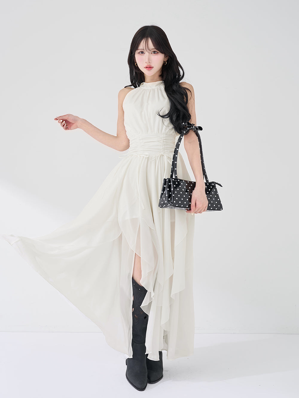 アメスリギャザーシフォンロングワンピース - wht