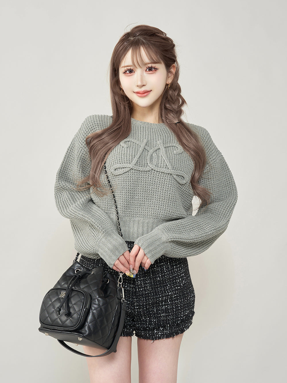ロゴワッフルニットトップス - gry