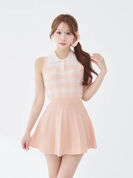Gingham Pleated Knit Mini Dress
