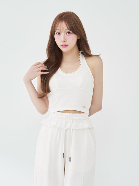 Lace Docking Halter Ribbon Sweatshirt Top