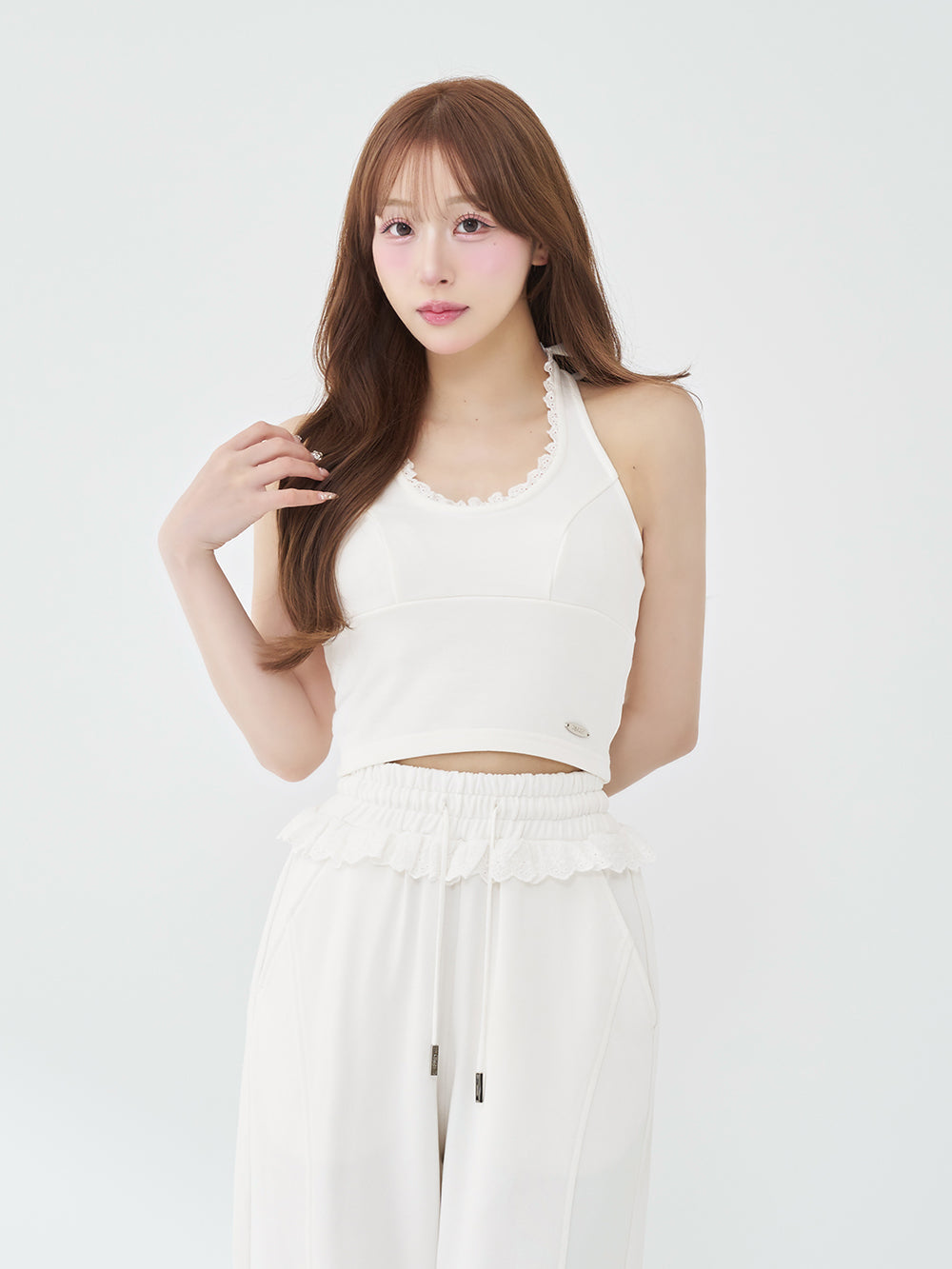 レースドッキングホルターリボンスウェットトップス - wht