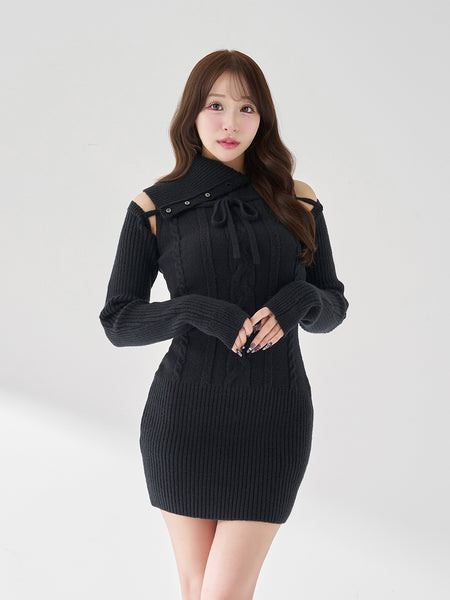 Design Neck Knit Mini Dress
