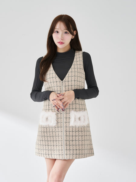 Front Zipper Tweed Mini Dress