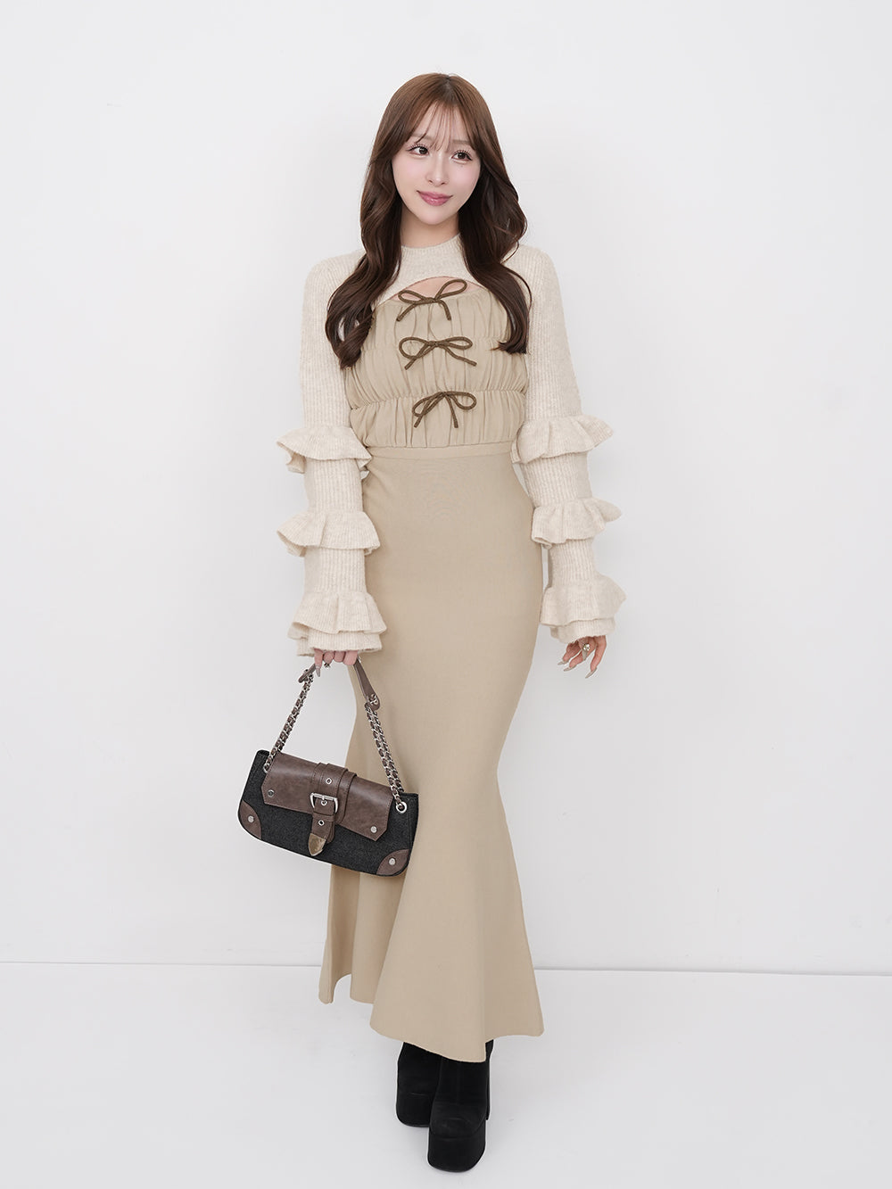 リボンデザインシャギーニットロングワンピース - ivo