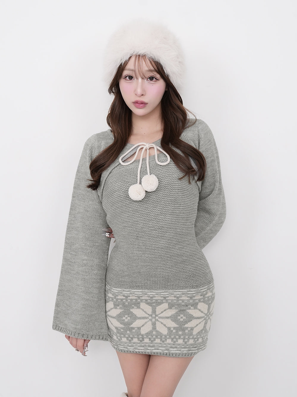 ノルディックパネルニットミニワンピース - gry