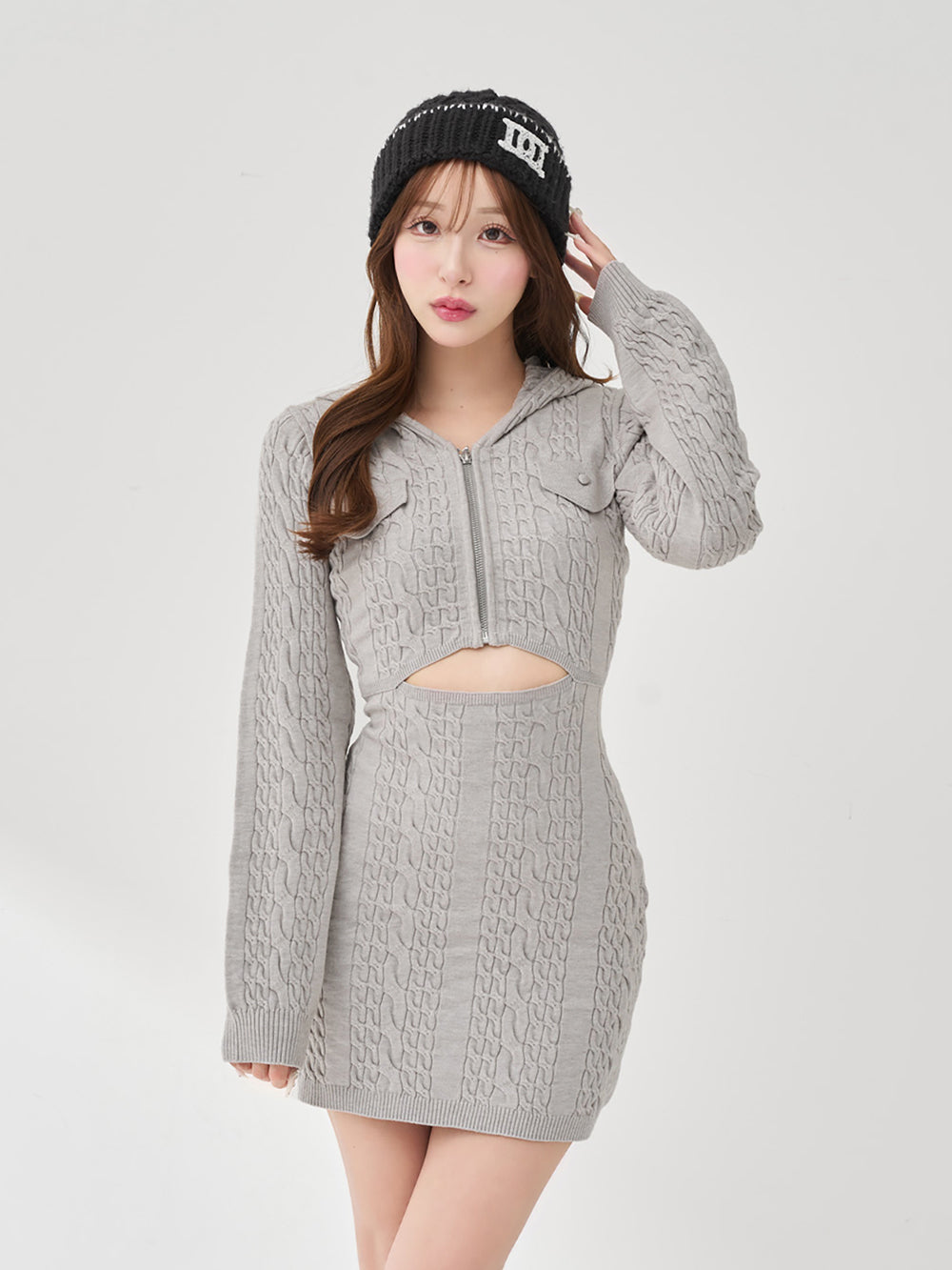 オープンケーブルニットミニワンピース - gry
