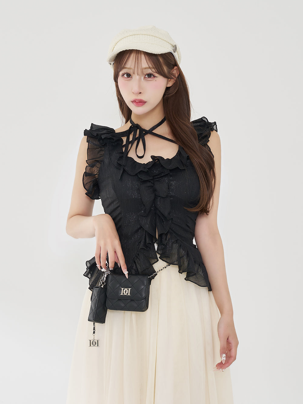 シアーラメシフォンフリルトップス - blk