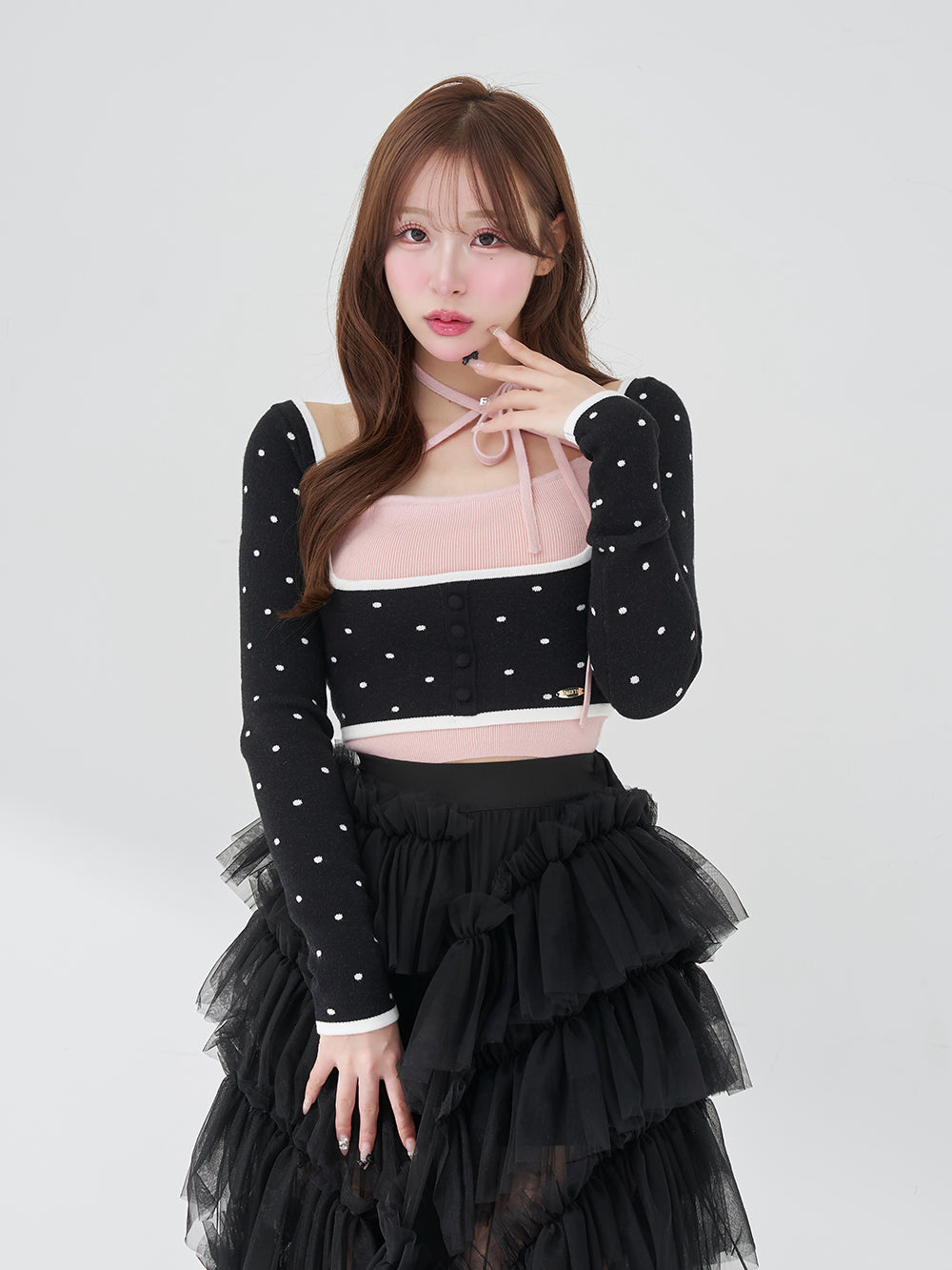 ネックリボンドットニットアンサンブル - blk