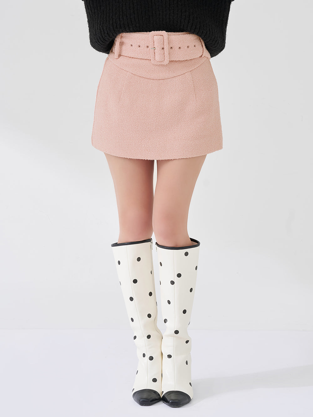 シェイプラインベルトツイードミニスカート - pnk