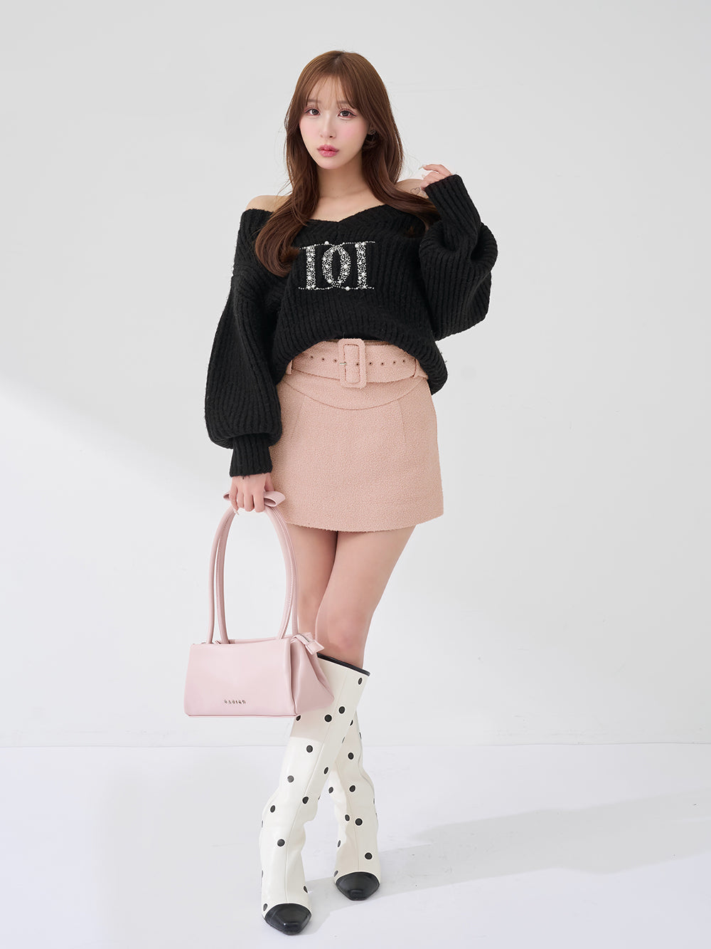 シェイプラインベルトツイードミニスカート