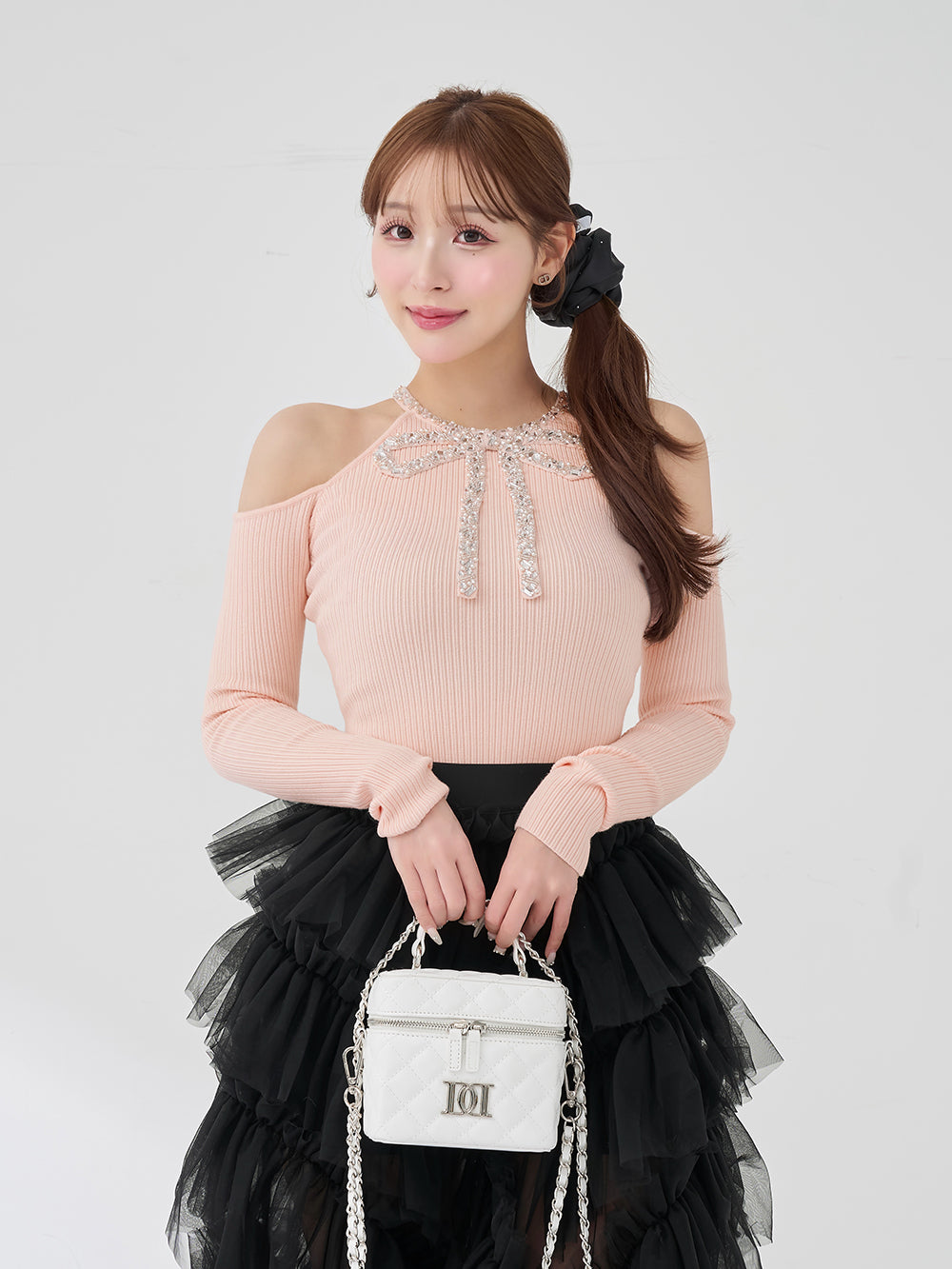 リボンビジューアメスリニットトップス - pnk