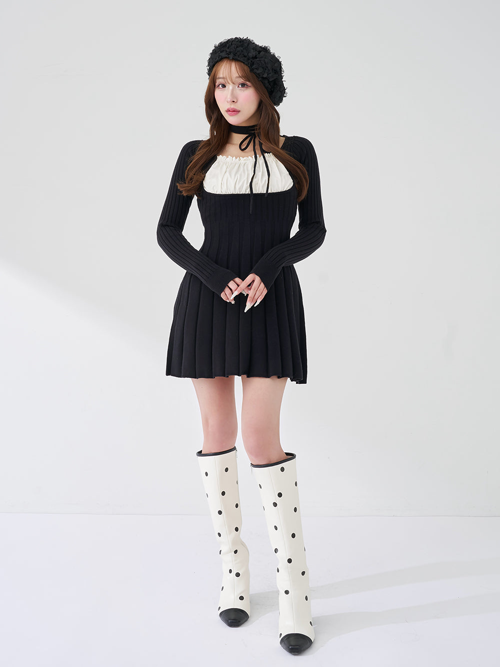 ネックリボンデザインフレアニットミニワンピース – Darich
