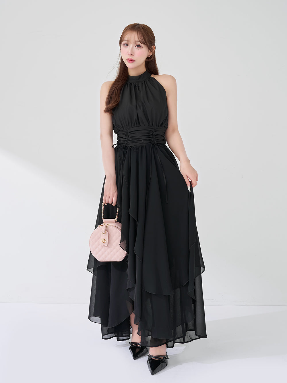 アメスリギャザーシフォンロングワンピース - blk