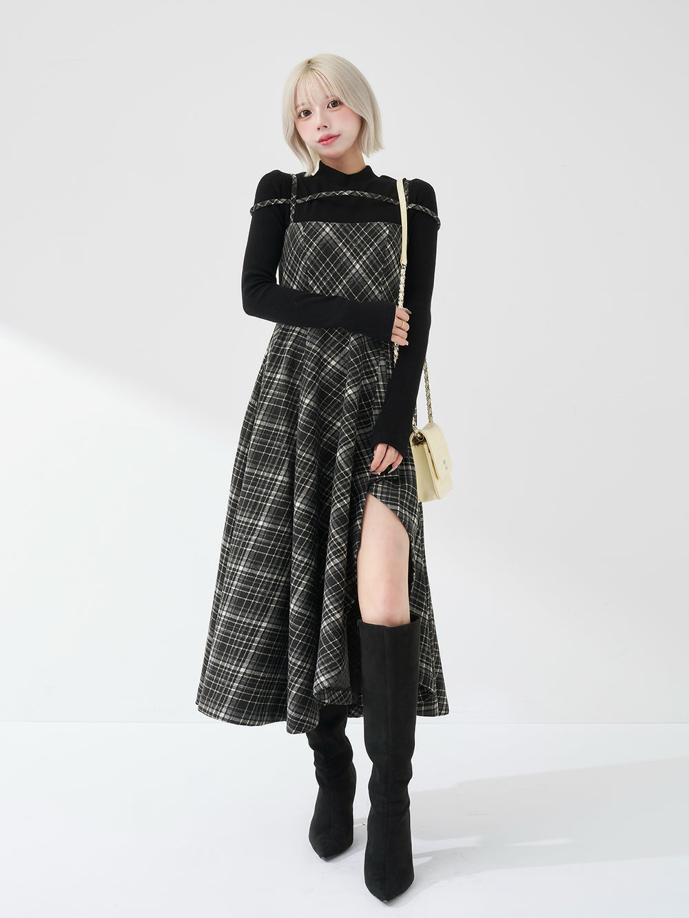 レイヤードチェックイレヘムミディワンピース - blk