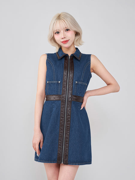Leather-paneled Sleeveless Denim Mini Dress
