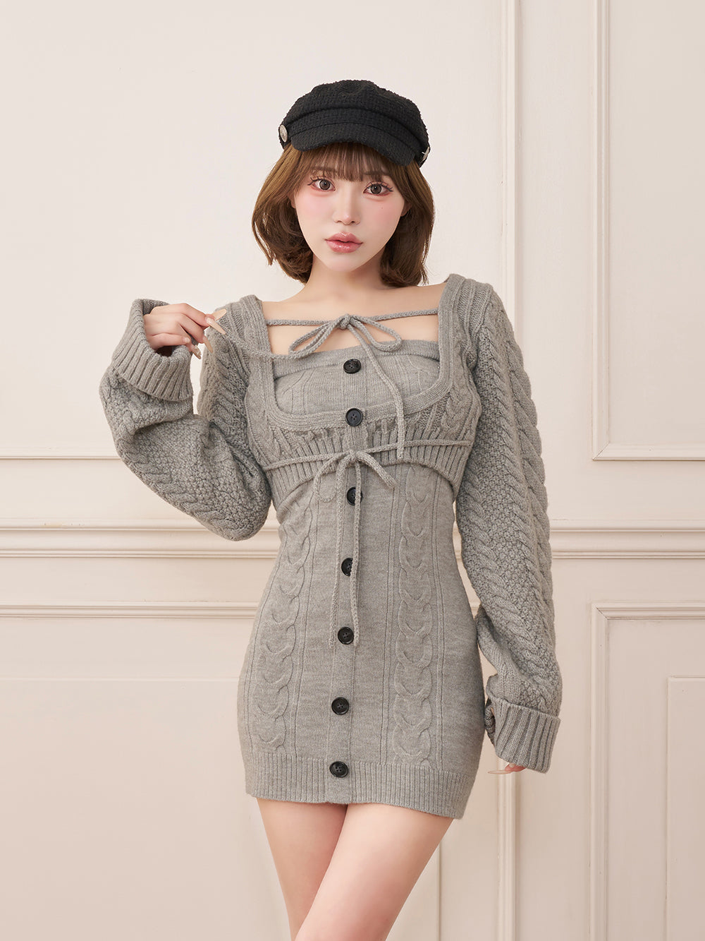 アンサンブルケーブルリボンニットミニワンピース - gry
