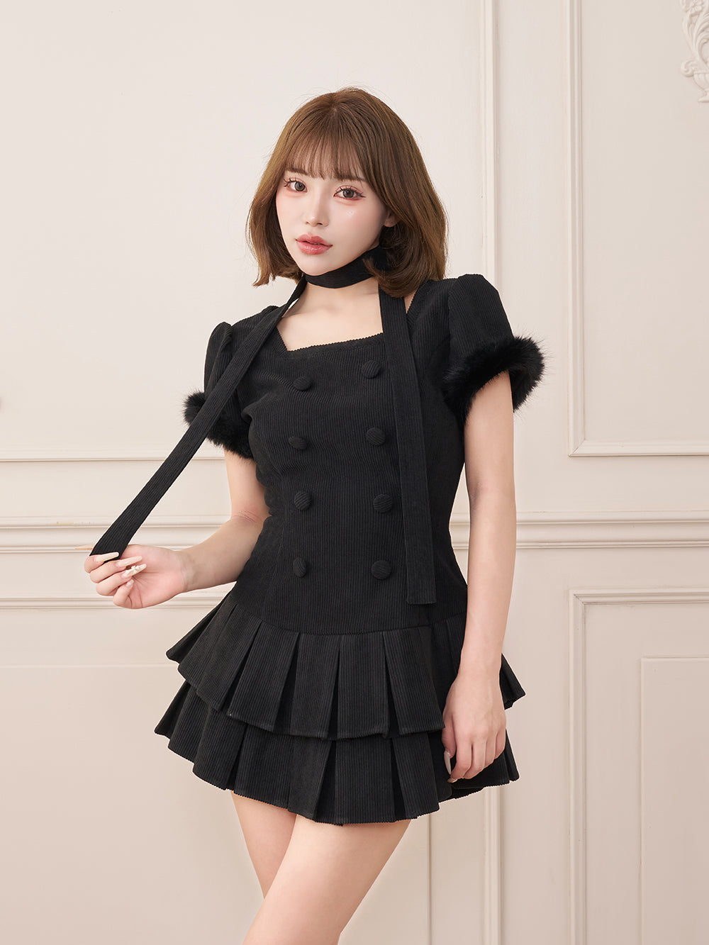 ファーコンビダブルボタンコーディロイミニワンピース - blk