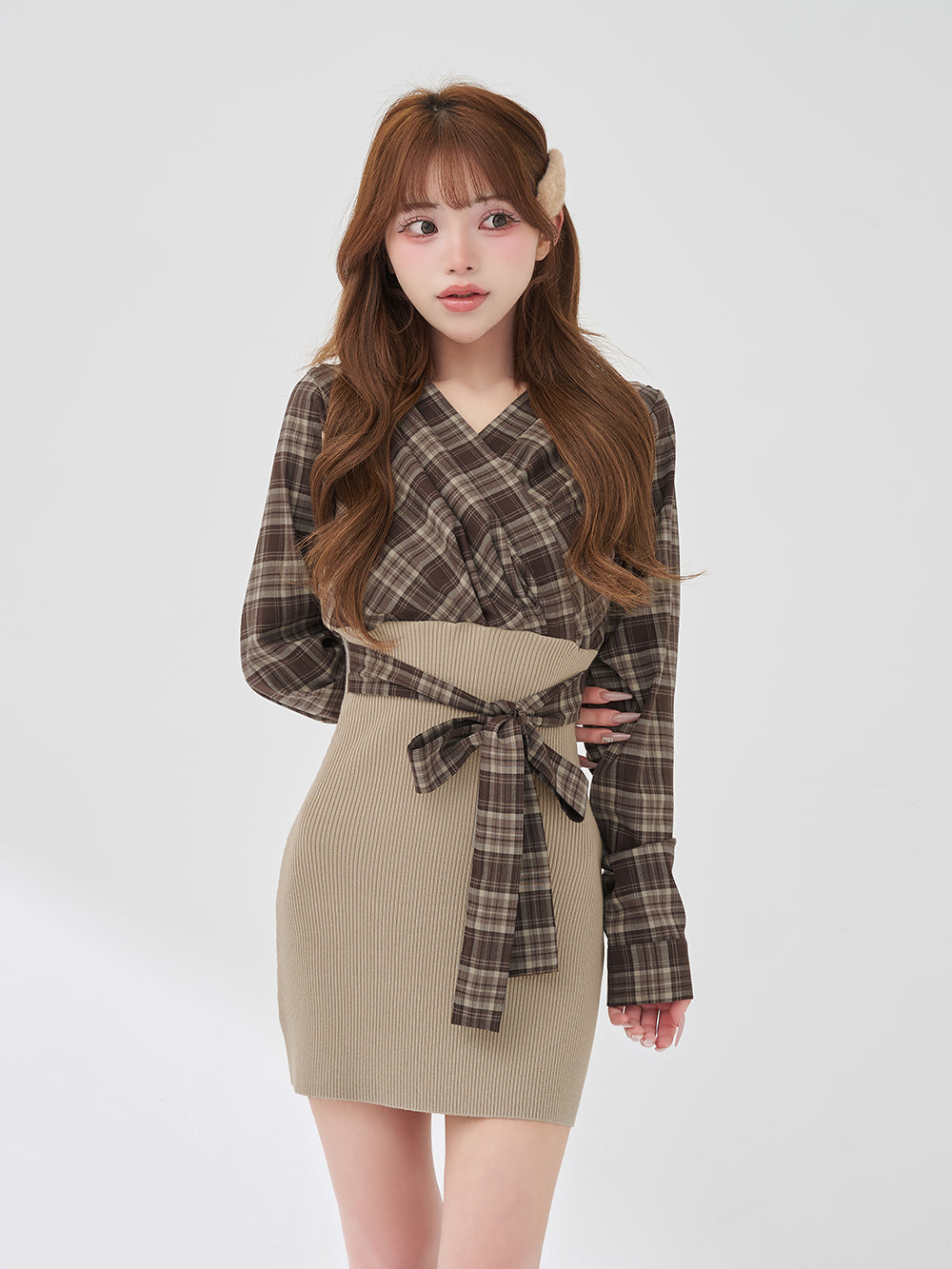 カシュクールチェックタイトニットミニワンピース - beg