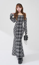 バックオープンチェックマーメイドロングワンピース – Darich