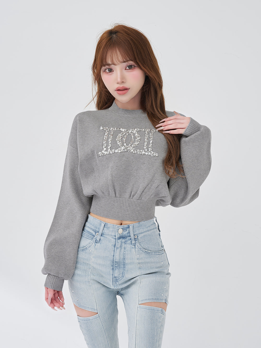 ビジューロゴパフニットトップス - gry