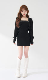 ラインメッシュアンサンブルニットミニワンピース – Darich